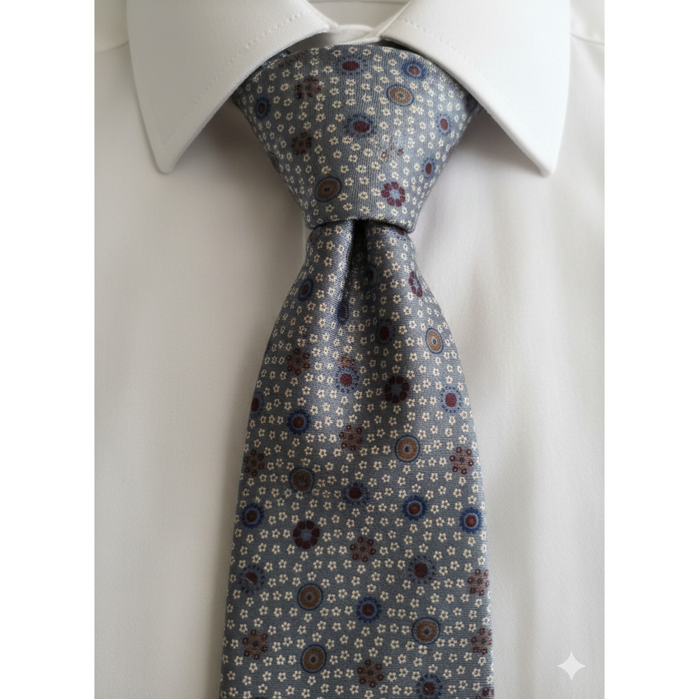 Vintage Yves Saint Laurent YSL grey tan blue maroon circle design silk tie - 56"